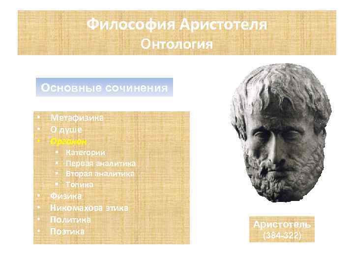 Философия Аристотеля Онтология Основные сочинения • Метафизика • О душе • Органон § §