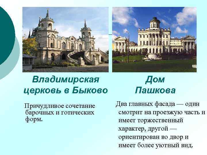 Владимирская церковь в Быково Причудливое сочетание барочных и готических форм. Дом Пашкова Два главных