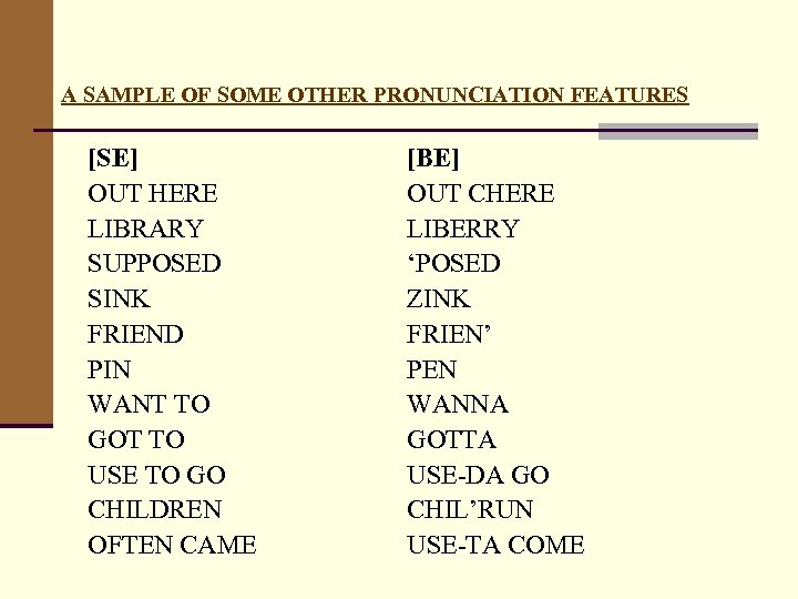 A SAMPLE OF SOME OTHER PRONUNCIATION FEATURES [SE] OUT HERE LIBRARY SUPPOSED SINK FRIEND