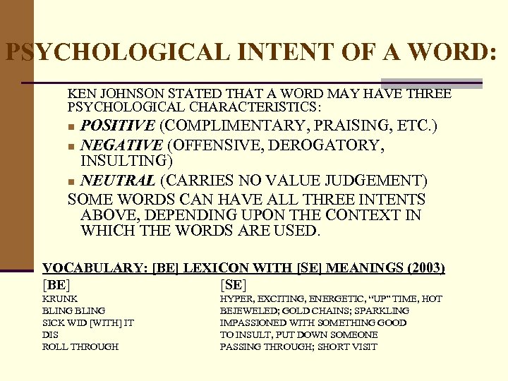 PSYCHOLOGICAL INTENT OF A WORD: KEN JOHNSON STATED THAT A WORD MAY HAVE THREE