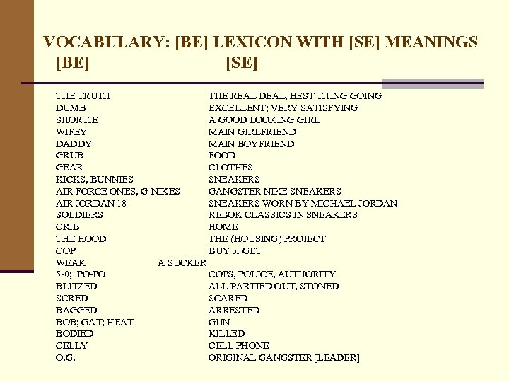 VOCABULARY: [BE] LEXICON WITH [SE] MEANINGS [BE] [SE] THE TRUTH THE REAL DEAL, BEST