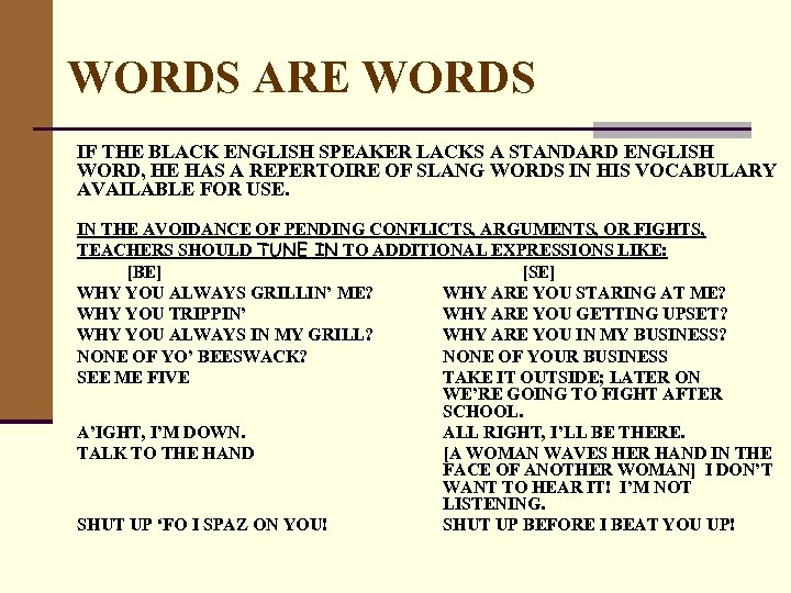 WORDS ARE WORDS IF THE BLACK ENGLISH SPEAKER LACKS A STANDARD ENGLISH WORD, HE