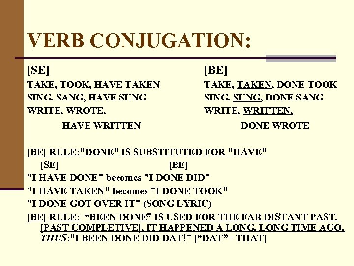 VERB CONJUGATION: [SE] [BE] TAKE, TOOK, HAVE TAKEN SING, SANG, HAVE SUNG WRITE, WROTE,