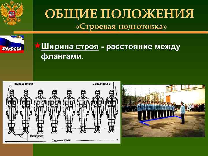 ОБЩИЕ ПОЛОЖЕНИЯ «Строевая подготовка» «Ширина строя - расстояние между флангами. 
