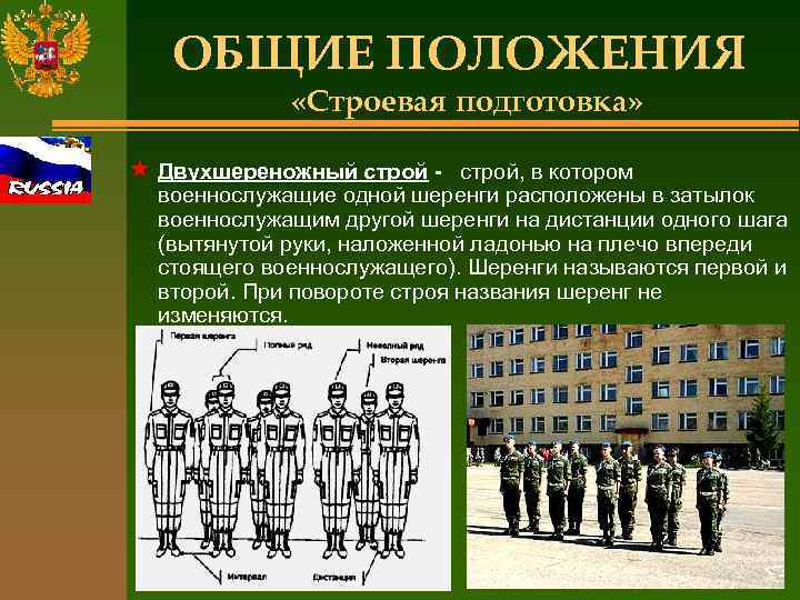 ОБЩИЕ ПОЛОЖЕНИЯ «Строевая подготовка» « Двухшереножный строй - строй, в котором военнослужащие одной шеренги
