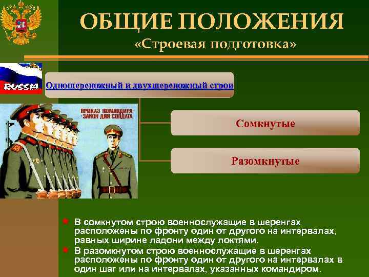 ОБЩИЕ ПОЛОЖЕНИЯ «Строевая подготовка» Одношереножный и двухшереножный строи Сомкнутые Разомкнутые « В сомкнутом строю