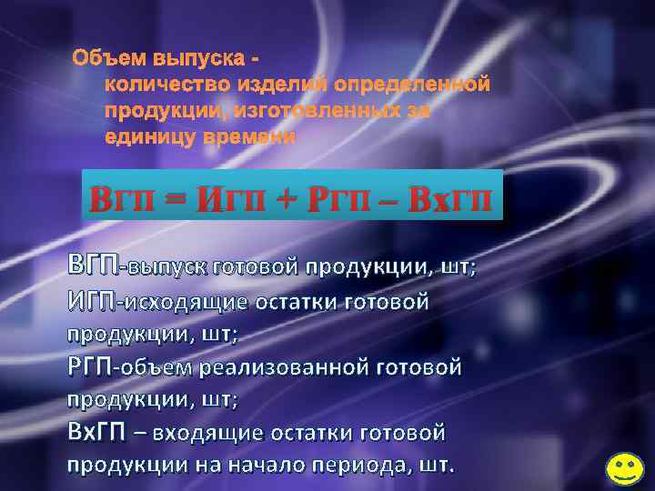 Объем выпуска количество изделий определенной продукции, изготовленных за единицу времени ВГП = ИГП +