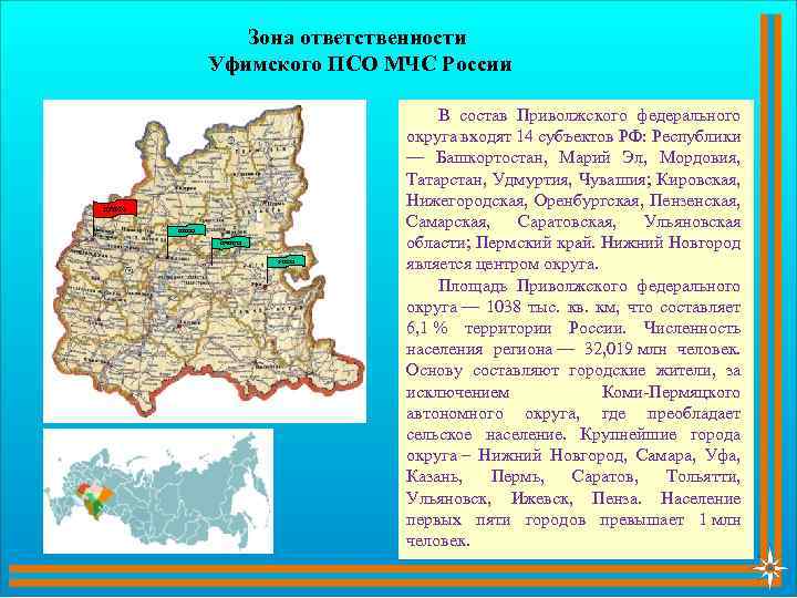 Зона ответственности Уфимского ПСО МЧС России ПРПСО КПСО НЧПСО УПСО В состав Приволжского федерального