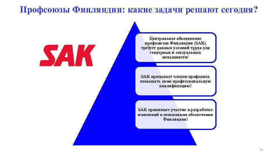 Профсоюзы Финляндии: какие задачи решают сегодня? Центральное объединение профсоюзов Финляндии (SAK) требует равных условий