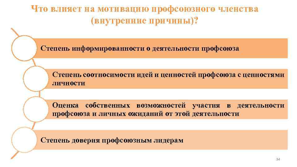 Что влияет на мотивацию профсоюзного членства (внутренние причины)? Степень информированности о деятельности профсоюза Степень