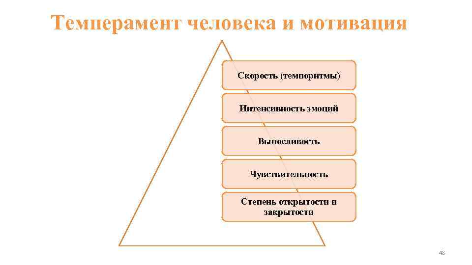 Темперамент человека и мотивация Скорость (темпоритмы) Интенсивность эмоций Выносливость Чувствительность Степень открытости и закрытости