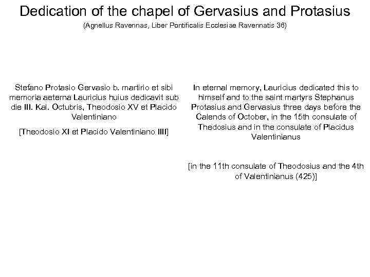 Dedication of the chapel of Gervasius and Protasius (Agnellus Ravennas, Liber Pontificalis Ecclesiae Ravennatis