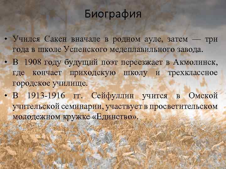 Биография • Учился Сакен вначале в родном ауле, затем — три года в школе