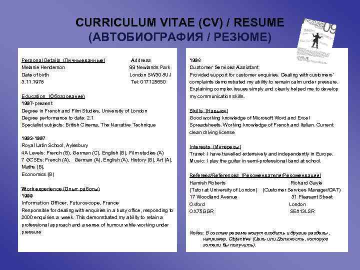 CURRICULUM VITAE (CV) / RESUME (АВТОБИОГРАФИЯ / РЕЗЮМЕ) Personal Details (Личныеданные) Address Melanie Henderson