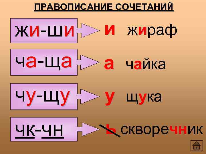 ПРАВОПИСАНИЕ СОЧЕТАНИЙ и жираф жи-ши ча-ща а чайка чу-щу у щука чк-чн ь скворечник