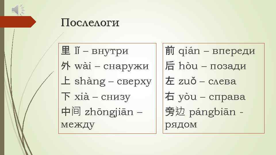 Послелоги 里 lǐ – внутри 外 wài – снаружи 上 shàng – сверху 下