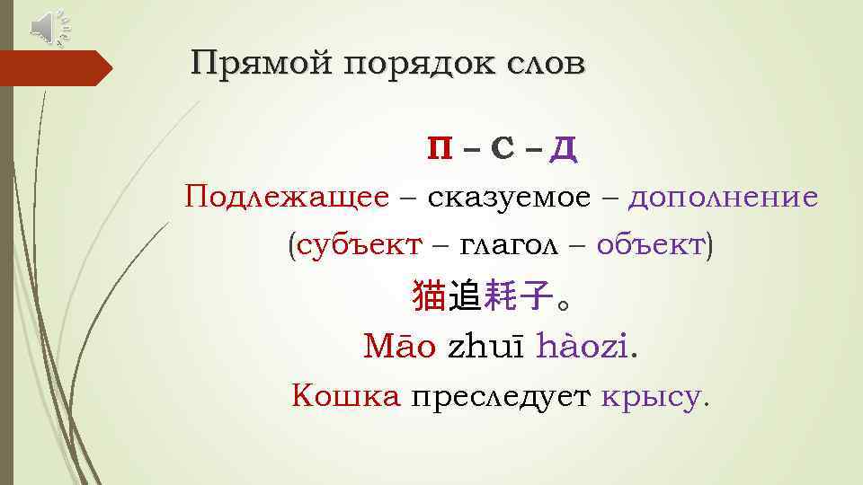 Прямой порядок слов П–С–Д Подлежащее – сказуемое – дополнение (субъект – глагол – объект)