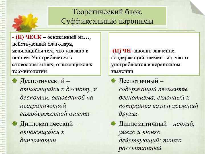 Теоретический блок. Суффиксальные паронимы - (И) ЧЕСК – основанный на…, действующий благодаря, являющийся тем,