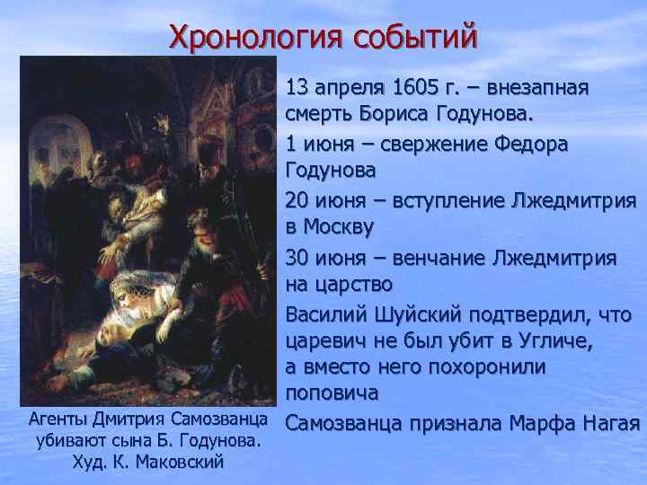 Хронология событий 13 апреля 1605 г. – внезапная смерть Бориса Годунова. 1 июня –