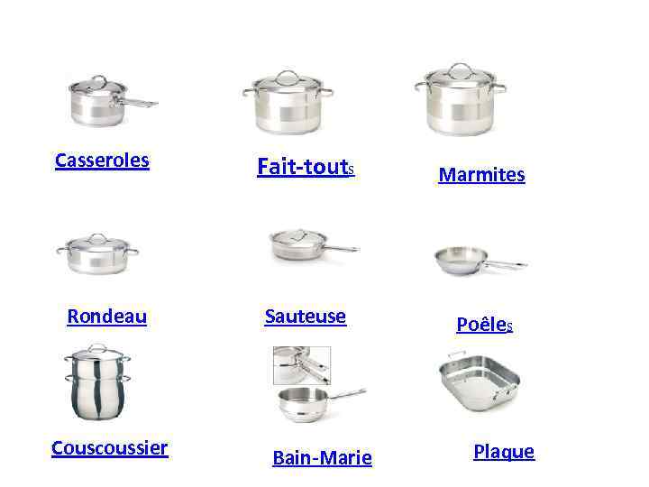 Casseroles Fait-touts Marmites Rondeau Sauteuse Poêles Couscoussier Bain-Marie Plaque 