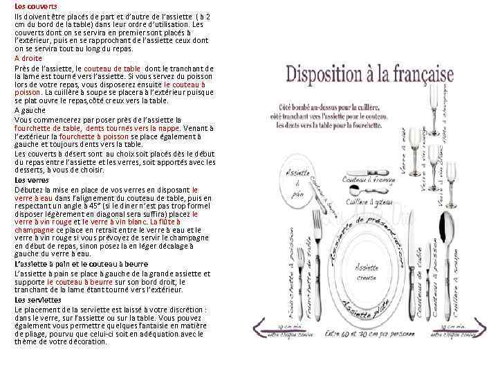 Les couverts Ils doivent être placés de part et d’autre de l’assiette ( à