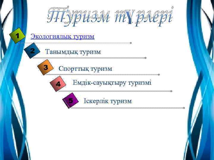 Туризм түрлері 1 Экологиялық туризм 2 Танымдық туризм 3 Спорттық туризм 4 Емдік-сауықтыру туризмі