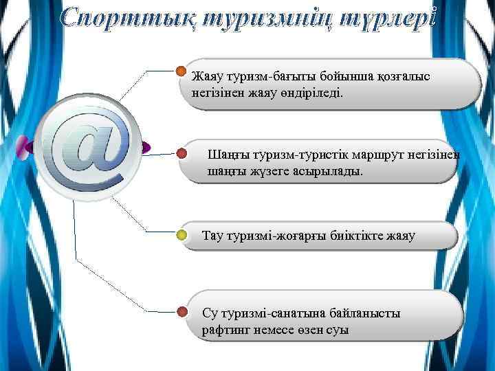 Спорттық туризмнің түрлері Жаяу туризм-бағыты бойынша қозғалыс негізінен жаяу өндіріледі. Шаңғы туризм-туристік маршрут негізінен