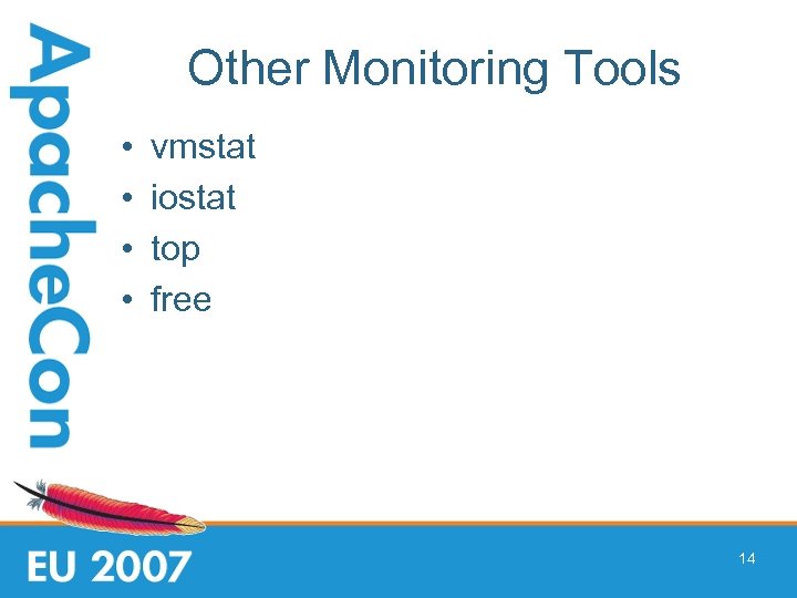 Other Monitoring Tools • • vmstat iostat top free 14 