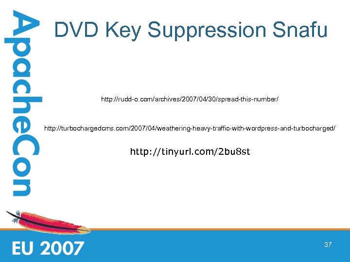 DVD Key Suppression Snafu http: //rudd-o. com/archives/2007/04/30/spread-this-number/ http: //turbochargedcms. com/2007/04/weathering-heavy-traffic-with-wordpress-and-turbocharged/ http: //tinyurl. com/2 bu