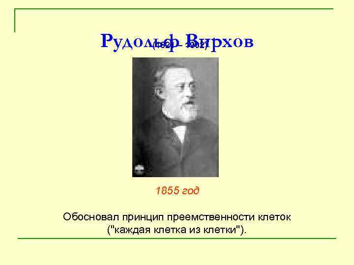 Рудольф– Вирхов (1821 1902) 1855 год Обосновал принцип преемственности клеток (