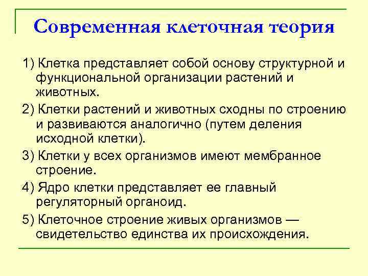 Современная клеточная теория 1) Клетка представляет собой основу структурной и функциональной организации растений и