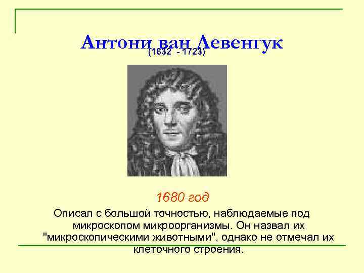 Антони(1632 - 1723) ван Левенгук 1680 год Описал с большой точностью, наблюдаемые под микроскопом