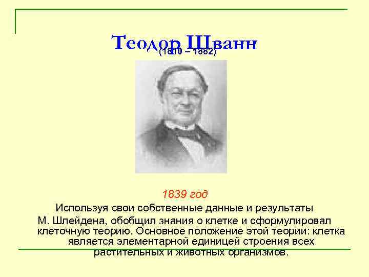 Теодор –Шванн (1810 1882) 1839 год Используя свои собственные данные и результаты М. Шлейдена,