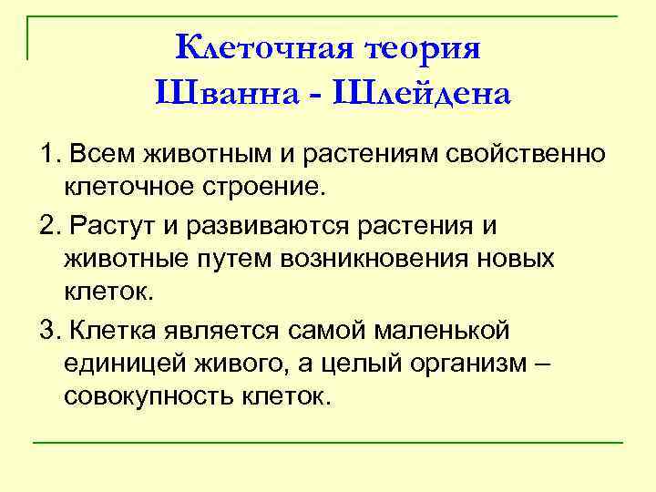 Клеточная теория Шванна - Шлейдена 1. Всем животным и растениям свойственно клеточное строение. 2.