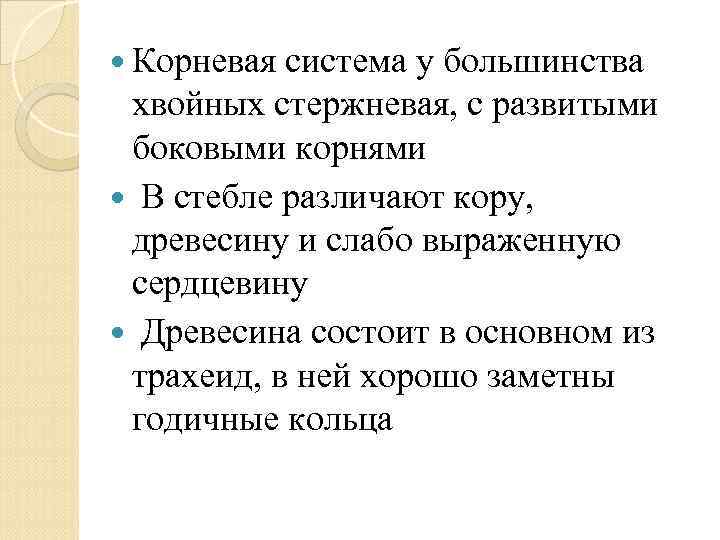  Корневая система у большинства хвойных стержневая, с развитыми боковыми корнями В стебле различают
