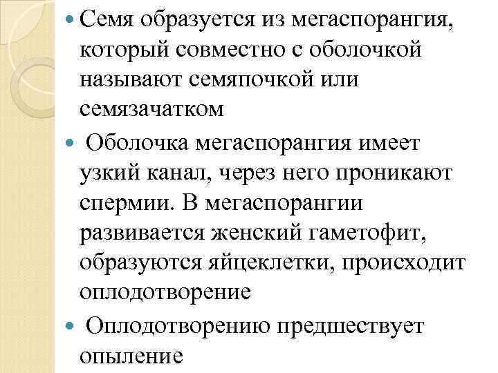  Семя образуется из мегаспорангия, который совместно с оболочкой называют семяпочкой или семязачатком Оболочка