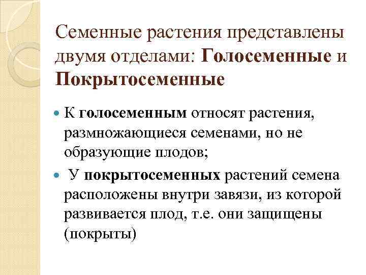 Семенные растения представлены двумя отделами: Голосеменные и Покрытосеменные К голосеменным относят растения, размножающиеся семенами,