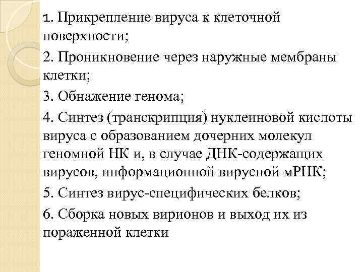 1. Прикрепление вируса к клеточной поверхности; 2. Проникновение через наружные мембраны клетки; 3. Обнажение