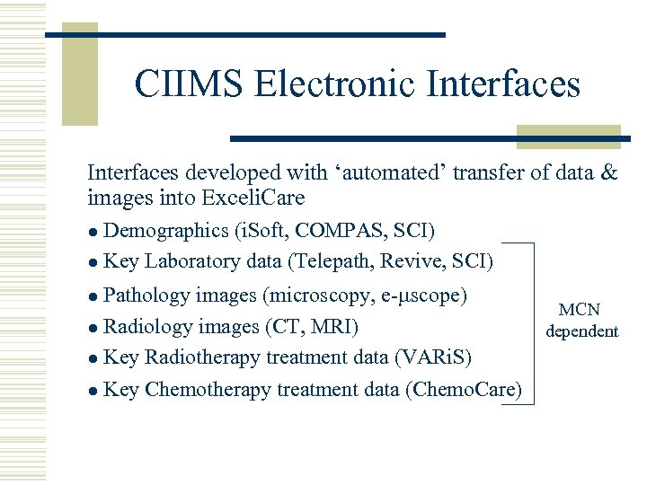 CIIMS Electronic Interfaces developed with ‘automated’ transfer of data & images into Exceli. Care
