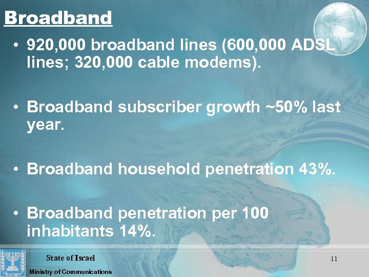 Broadband • 920, 000 broadband lines (600, 000 ADSL lines; 320, 000 cable modems).