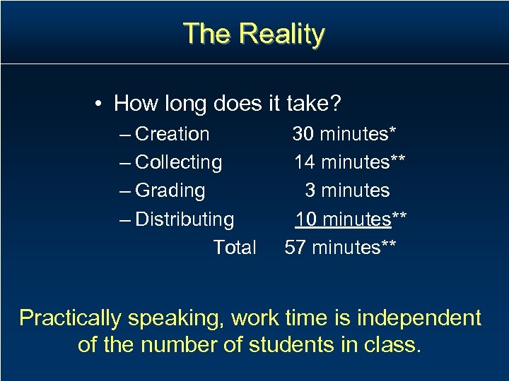 The Reality • How long does it take? – Creation – Collecting – Grading