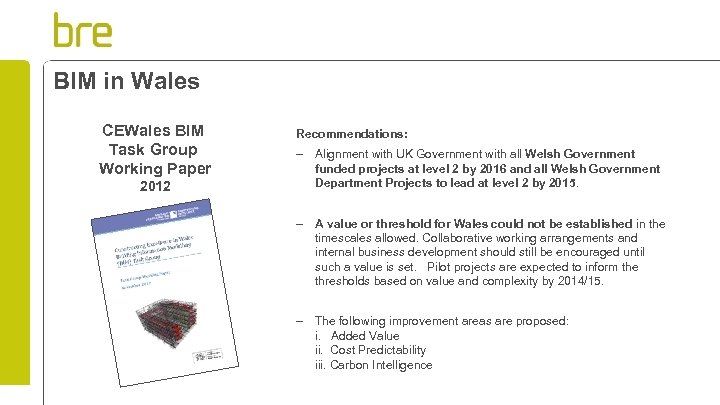 BIM in Wales CEWales BIM Task Group Working Paper 2012 Recommendations: – Alignment with
