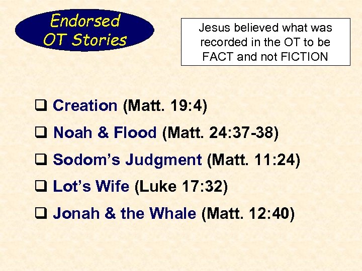 Endorsed OT Stories Jesus believed what was recorded in the OT to be FACT