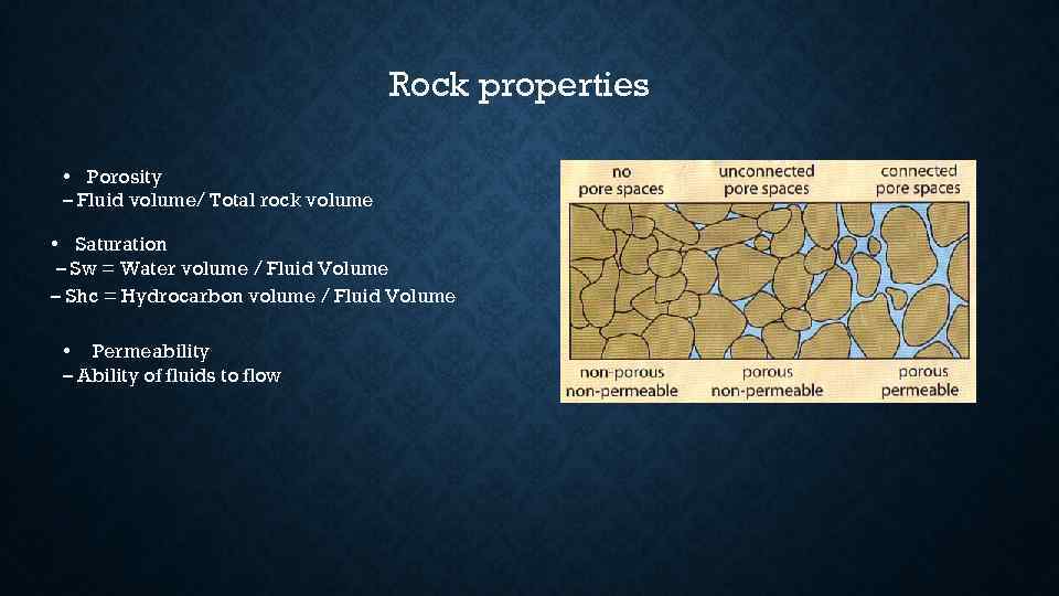 Rock properties • Porosity – Fluid volume/ Total rock volume • Saturation – Sw