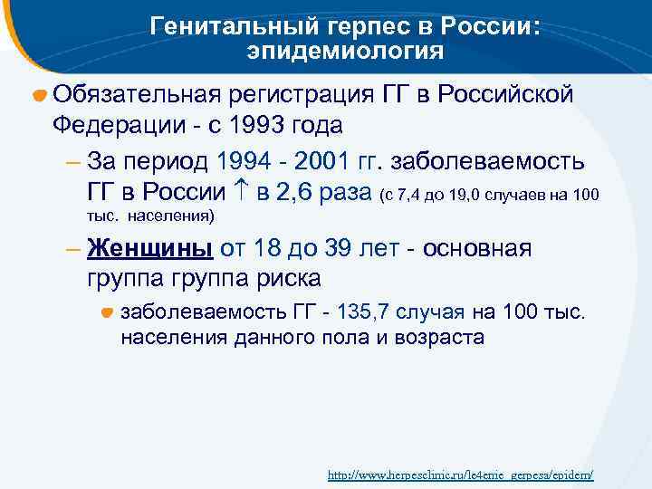 Генитальный герпес в России: эпидемиология Обязательная регистрация ГГ в Российской Федерации - c 1993