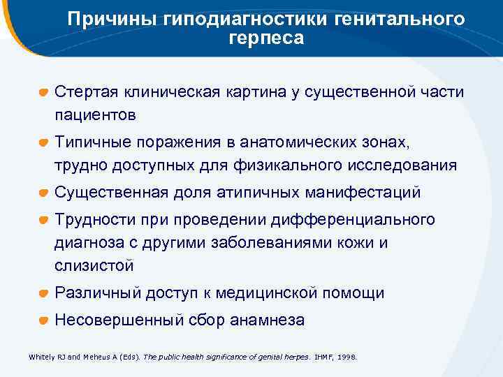 Причины гиподиагностики генитального герпеса Стертая клиническая картина у существенной части пациентов Типичные поражения в