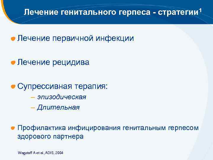Лечение генитального герпеса - стратегии 1 Лечение первичной инфекции Лечение рецидива Супрессивная терапия: –