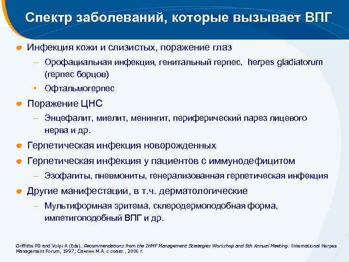 Спектр заболеваний, которые вызывает ВПГ Инфекция кожи и слизистых, поражение глаз – Орофациальная инфекция,