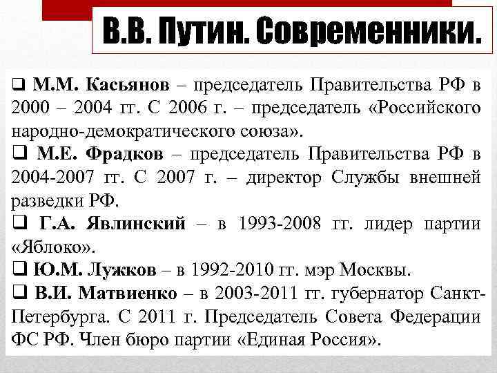 В. В. Путин. Современники. q М. М. Касьянов – председатель Правительства РФ в 2000