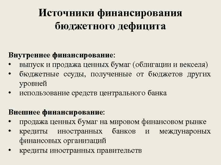 Источники финансирования бюджетного дефицита Внутреннее финансирование: • выпуск и продажа ценных бумаг (облигации и